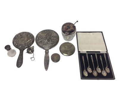 Lot 226 - Collection of silver and white metal items to include a set of six silver teaspoons in a fitted case (Sheffield 1963), maker Walker & Hall, German silver topped glass honey / preserve jar, t...