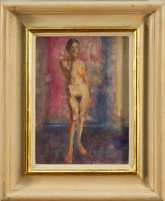 Lot *Jonathan Trowell (1938-2013) oil on board - Venice Nude, signed, 19cm x 14cm, in glazed frame Provenance: the artist's studio, thence by family descent