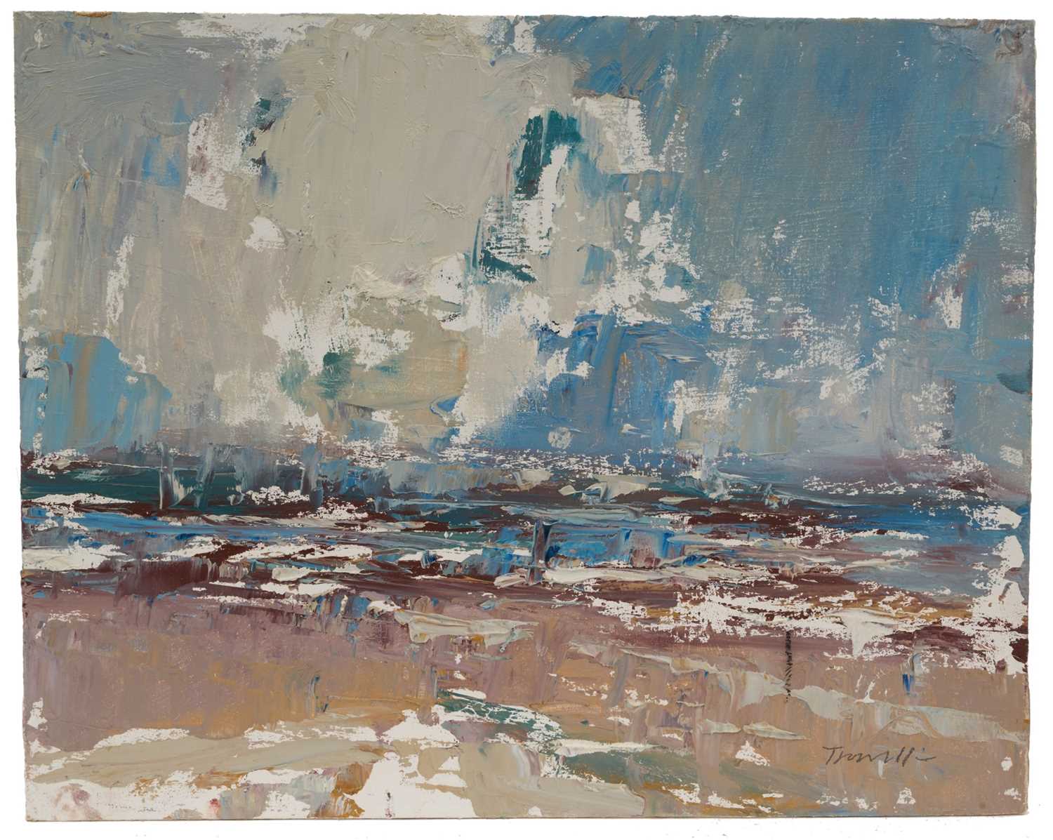 Lot 1043 - *Jonathan Trowell (1938-2013) oil sketch on board - Norfolk Coast, signed, 20.5cm x 25.5cm, unframed. Provenance: the artist's studio, thence by family descent