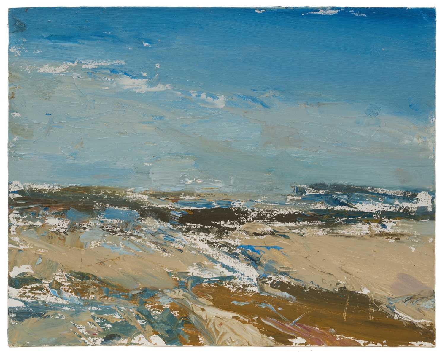 Lot 1045 - *Jonathan Trowell (1938-2013) oil sketch on board - Norfolk Coast, 20.5cm x 25.5cm, studio stamp verso, unframed. Provenance: the artist's studio, thence by family descent