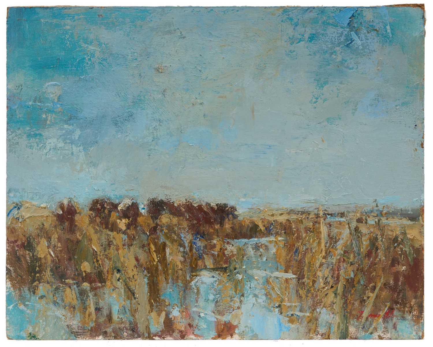 Lot 1047 - *Jonathan Trowell (1938-2013) oil sketch on board - Norfolk Marshes, signed, 20.5cm x 25.5cm, unframed. Provenance: the artist's studio, thence by family descent