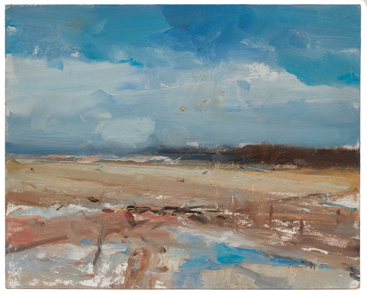 Lot 1048 - *Jonathan Trowell (1938-2013) oil sketch on board - Norfolk Beach, signed, 20.5cm x 25.5cm, unframed. Provenance: the artist's studio, thence by family descent