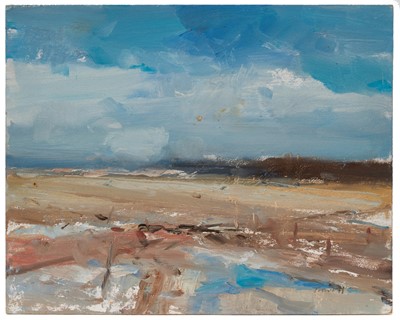 Lot *Jonathan Trowell (1938-2013) oil sketch on board - Norfolk Beach, signed, 20.5cm x 25.5cm, unframed. Provenance: the artist's studio, thence by family descent