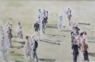 Lot 1049 - *Jonathan Trowell (1938-2013) watercolour - Racegoers, signed, 13cm x 20cm, mounted. Provenance: the artist's studio, thence by family descent
