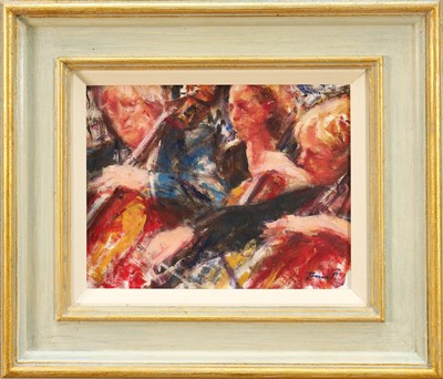 Lot 1054 - *Jonathan Trowell (1938-2013) oil on board - The Cellos, signed, 20.5cm x 25.5cm, in painted and gilt frame Provenance: the artist's studio, thence by family descent