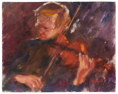 Lot 1055 - *Jonathan Trowell (1938-2013) oil on board - The Violinist, signed, 20.5cm x 25.5cm, unframed Provenance: the artist's studio, thence by family descent