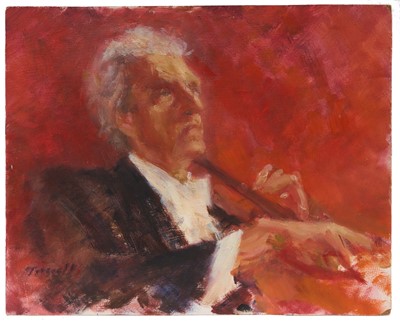 Lot 1056 - *Jonathan Trowell (1938-2013) oil on board - The Cellist, signed, 20.5cm x 25.5cm, unframed Provenance: the artist's studio, thence by family descent