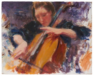 Lot 1057 - *Jonathan Trowell (1938-2013) oil on board - The Cellist, probably Jacqueline du Pré, 20.5cm x 25.5cm, studio stamp verso, unframed Provenance: the artist's studio, thence by family desce...