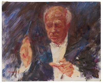 Lot 1058 - *Jonathan Trowell (1938-2013) two oils on board - The Conductors, signed, 20.5cm x 25.5cm and 17.5cm x 23.5cm, unframed Provenance: the artist's studio, thence by family descent
