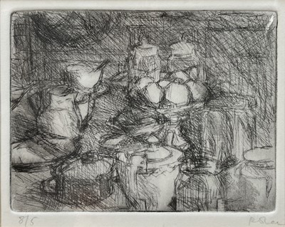 Lot 1061 - Dick Lee (1923-2001) signed limited edition etching - Teapot and Compotiere, 12cm x 14.5cm, mounted