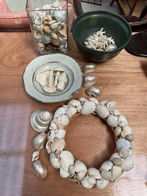 Lot 5002 - Collection of seashells, including some mounted on a wreath, with two studio pottery bowls, a glass vase and some ceramic mushrooms
