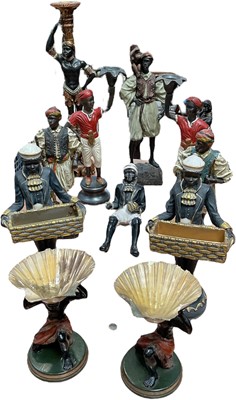 Lot 5005 - Group of Austrian style figurines and candlesticks, including cold painted spelter and resin examples (some bought from Harrods)