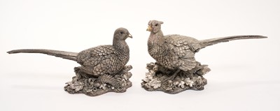 Lot Pair of contemporary filled silver models of a cock and hen Pheasant by Steve Langford for Country Artists, each realistically modelled and placed in a naturalistic setting, signed by the artist...