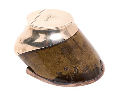 Lot 235 - Edwardian silver mounted horses hoof table vesta box, the hinged mount engraved 'Rainbow 1907', opening to reveal a gilded interior and rough striker surface, the base inscribed 'Rowland Ward 16...