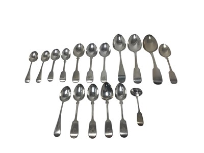 Lot 238 - Group of George III and later silver flatware to include tablespoons, dessert spoons and teaspoons, (various dates and makers), all at approximately 19ozs.