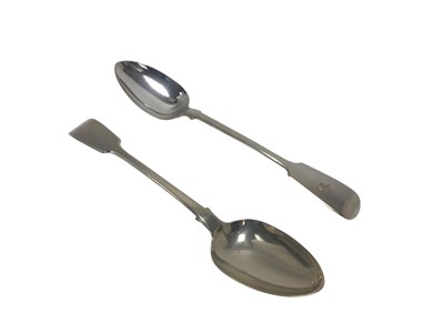 Lot 240 - Pair of Victorian silver fiddle pattern basting spoons, each with an engraved armorial, (London 1838), maker Joseph & Albert Savory, each 30.5cm in overall length, all at 12ozs, (2).