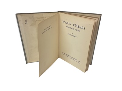 Lot 800 - Rare copy, Ivor Gurney - War's Embers and other verses, first edition 1919, the inner board inscribed with monogram of Siegfried Sassoon