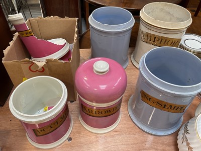 Lot 5008 - Group of six Victorian drug jars, some with labels, including pink and blue glazed