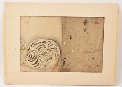 Lot 805 - Early Japanese brush painting on paper, depicting a tiger, two character mark, 24 x 36cm
