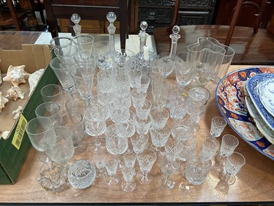 Lot 5015 - Group of 19th century and later glassware, including a cut glass candlestick, rummers, decanters, etc