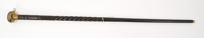 Lot 808 - Unusual 19th century hardwood cane, with engraved brass knop, housing silver pocket watch by William Burnett of Durham, 89cm long
