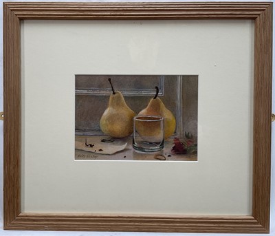 Lot 1069 - Verity Anne Wookey (1928-2003) watercolour - 'Pears on the Windowsill', signed, titled verso, 15.5cm x 22cm, in glazed frame NB: Wookey was a founder member of the Suffolk Group of Arti...