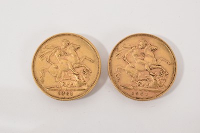 Lot 488 - Two Victorian gold full sovereigns, 1881 and 1901