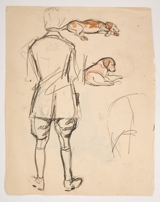 Lot 1148 - Sir Alfred Munnings (1878-1959) pencil and watercolour sketch of hounds and a figure, a sketch verso of a mounted officer, 20cm x 25.5cm, from a sketch book belonging to Norman Garston of Newly...