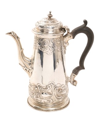 Lot 336 - Victorian silver coffee pot of cylindrical tapered form with repoussé decoration, (London 1897), maker Charles Stuart Harris, 20cm, 15.7ozs.