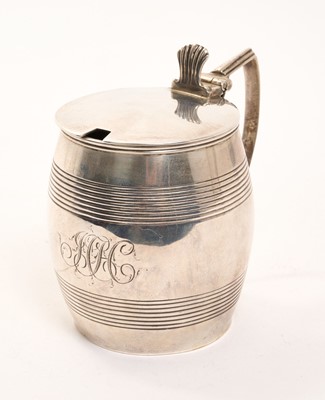 Lot George III silver mustard pot of barrel form with ribbed bands, blue glass liner, (London 1805), maker Charles Fox, 8.5cm.