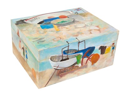 Lot 828 - Tessa Newcomb (b.1955) painted rectangular box, all over decorated with beach scenes, initialled and dated '99, 33.5cm wide x 26.5cm deep x 16cm high