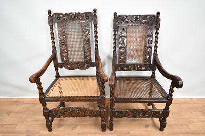 Lot 1231 - Near pair of 17th century Carolean style oak and walnut elbow chairs on barley twist supports