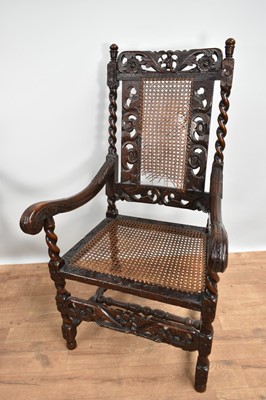 Lot 1231 - Near pair of 17th century Carolean style oak and walnut elbow chairs on barley twist supports