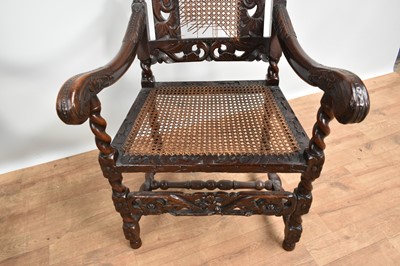 Lot 1231 - Near pair of 17th century Carolean style oak and walnut elbow chairs on barley twist supports