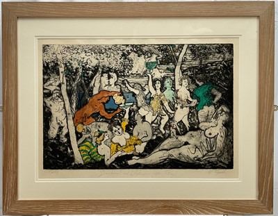 Lot 1130 - Michael Tingle (b.1954) signed limited edition coloured etching - 'Bacchanal and Windsurfer (after Titian's)', 72/75, 45cm x 64cm, in glazed frame