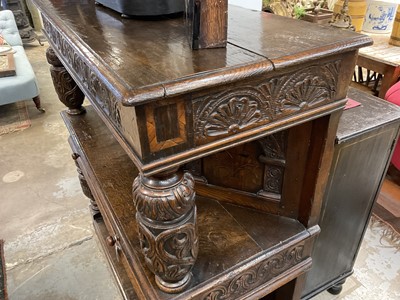 Lot 1232 - 17th style oak carved court cupboard with carved bulbous supports