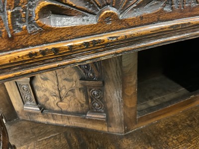 Lot 1232 - 17th style oak carved court cupboard with carved bulbous supports