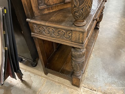 Lot 1232 - 17th style oak carved court cupboard with carved bulbous supports