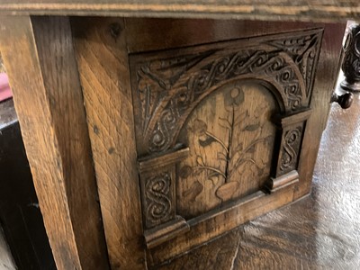 Lot 1232 - 17th style oak carved court cupboard with carved bulbous supports