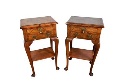 Lot 1233 - Pair of Queen Anne revival crossbanded walnut two tier bedside chests with drop brass handles