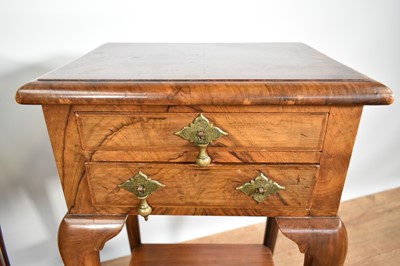 Lot 1233 - Pair of Queen Anne revival crossbanded walnut two tier bedside chests with drop brass handles