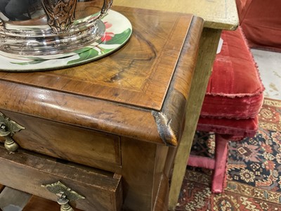 Lot 1233 - Pair of Queen Anne revival crossbanded walnut two tier bedside chests with drop brass handles