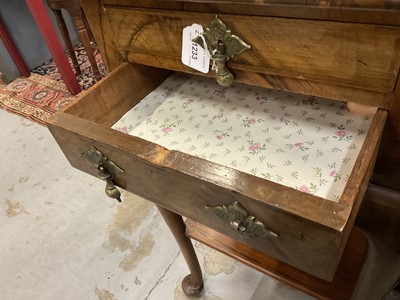 Lot 1233 - Pair of Queen Anne revival crossbanded walnut two tier bedside chests with drop brass handles