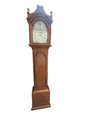 Lot 618 - Early 19th century eight day longcase clock with arched painted dial marked 'Kent' in oak case with swan neck pediment, pendulum and weights present
