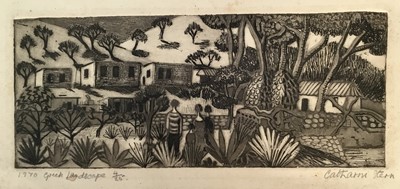 Lot 1132 - Catharini Stern (1925-2015) signed limited edition etching - Greek Landscape, 1970, 4/25, unframed 17.5cm x 35cm. Provenance: the collection of Clare Winston