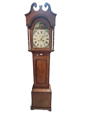 Lot 620 - 19th century eight day longcase clock by George Webber, Crediton with painted arched dial in oak case with swan neck pediment. Pendulum and weights present