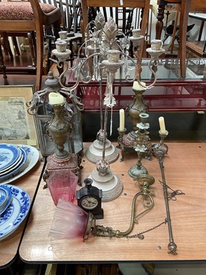 Lot 5020 - Group of antique and later lighting, including candelabra, brass wall mounted light with cranberry shade, etc