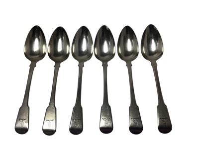 Lot 324 - Set of six George III silver fiddle pattern tablespoons with engraved family crests, (London 1811) maker Richard Crossley & George Smith, 15.5oz.