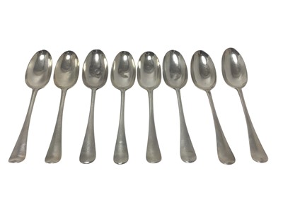 Lot 326 - Set of eight George III silver Hanoverian pattern tablespoons (London 1751), maker James Wilkes, 18.5ozs.