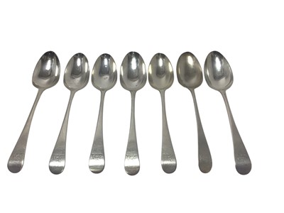 Lot 327 - Seven George II and George III silver Old English pattern tablespoons, (various dates and makers), 15ozs.